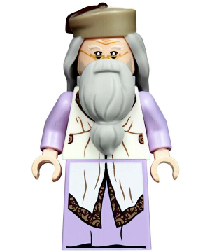 LEGO Albus Dumbledore minifigure (hp190) in a lavender robe, long gray hair and beard, and a dark tan hat.