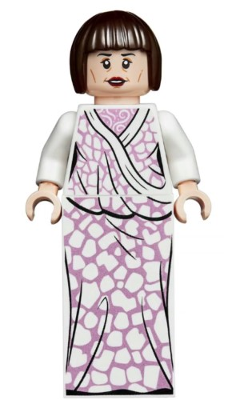 LEGO Minifigure hp191 Madame Olympe Maxime, with dark brown hair and a smiling face, wearing a white and lavender patterned dress.