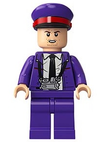 LEGO Minifigure hp192, Stan Shunpike, wearing a purple Knight Bus conductor uniform, black tie, and matching purple hat with a red band.