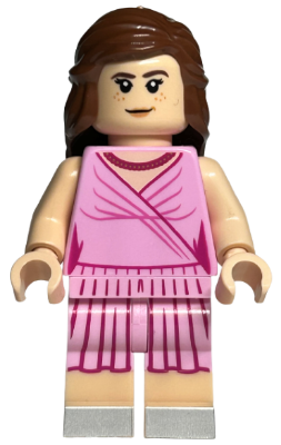 LEGO Minifigure hp225 Hermione Granger in a bright pink dress with a pleated skirt and necklace, brown hair, and freckles.