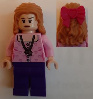 LEGO Minifigure hp226 Lavender Brown. Angry face, bright pink heart-patterned blouse with necklace, dark purple legs, reddish brown hair with pink bow.