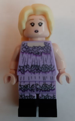 LEGO Minifigure hp227 Luna Lovegood with blonde hair, light skin, and a lavender dress with black wavy patterns.