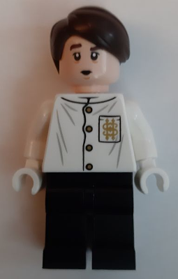 LEGO Minifigure Neville Longbottom (hp228) wearing a white shirt with black buttons and a gold dollar sign pocket, black pants.