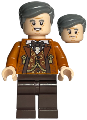 LEGO Minifigure of Horace Slughorn with grey hair, brown patterned vest, reddish brown jacket, and dark brown pants. Shows two facial expressions.