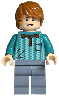 LEGO Minifigure hp231 of Ron Weasley with shaggy reddish-brown hair, dark turquoise patterned polo shirt, and light bluish gray legs.