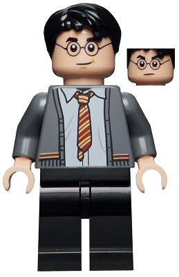 LEGO Minifigure Harry Potter (hp238) wearing a Gryffindor cardigan, shirt, and tie, with a smiling face and an alternate frowning face.