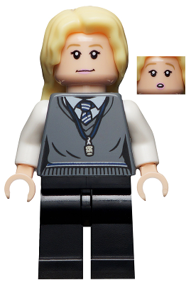 LEGO Minifigure hp239 Luna Lovegood in Ravenclaw sweater vest with two facial expressions on a light tan head.