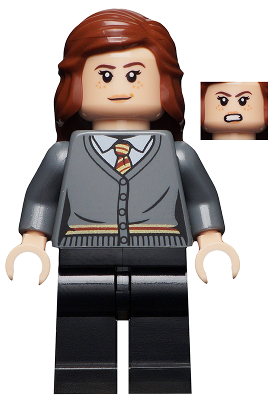 LEGO Minifigure hp240 Hermione Granger in Gryffindor cardigan, with two facial expressions: smiling and angry.