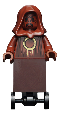 LEGO Minifigure hp241, a Mechanical Death Eater, in dark red hooded robe with skull-like face and golden symbol, on mechanical wheels.