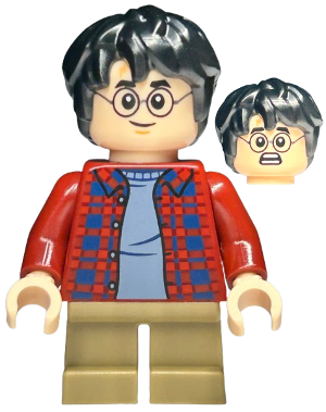 LEGO Minifigure hp481 Harry Potter with dark red plaid flannel shirt, light blue undershirt, dark tan short legs, and two faces.