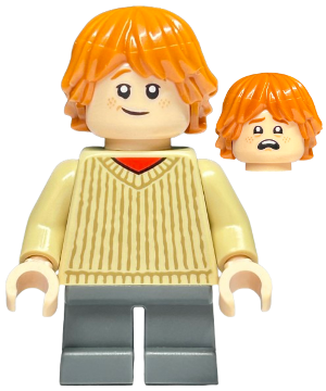LEGO Minifigure hp482 Ron Weasley with orange hair, tan ribbed sweater, dark grey legs, and a smiling face. A scared alternate face is included.