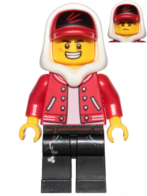 LEGO Minifigure hs001 Jack Davids, red jacket, cap, white hood, black pants. Smiling face shown, grumpy face as inset.