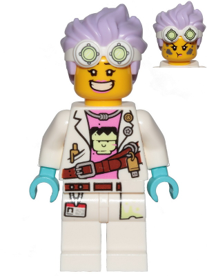 LEGO Minifigure J.B. Watt with purple hair, goggles, lab coat over Frankenstein shirt, brown belt. Features smiling and annoyed faces.