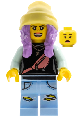 LEGO Minifigure Parker L. Jackson with yellow beanie, purple hair, black top, pink fanny pack, light blue ripped jeans, and a scared alternate face.