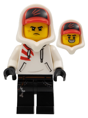 LEGO minifigure hs004 Jack Davids in white hoodie, red cap, and black pants, featuring grumpy and alternate smiling faces.