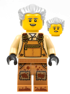 LEGO Minifigure Mr. Branson with white hair, smiling face, tan shirt, and dirty brown overalls, includes alternate worried face.