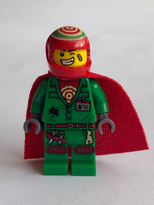 LEGO Minifigure hs010 El Fuego in green coveralls with winking face, red target shirt, helmet, and red fabric cape.