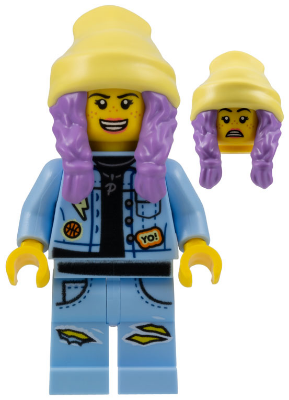 LEGO Parker L. Jackson minifigure: yellow beanie, purple braided hair, blue denim jacket with patches, ripped jeans, smiling face. Scared face included.