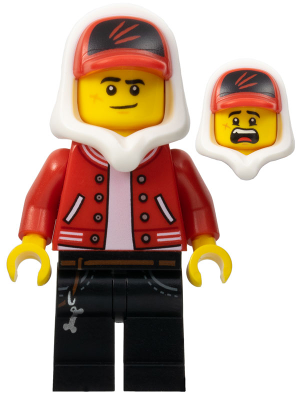 LEGO Minifigure hs018 Jack Davids in red jacket, white hood-cap, black pants, with lopsided smile and scared alternative faces.