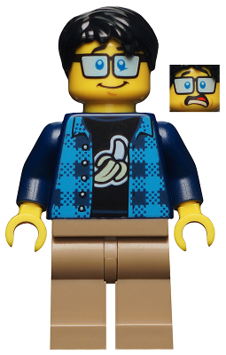 LEGO Minifigure Paul (hs020) with black hair, glasses, blue plaid shirt, banana tee, tan legs, and alternate worried face.