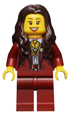 LEGO Minifigure hs021 Ms. Santos with dark brown hair, red blazer, heart pendant, ID badge, and red legs.