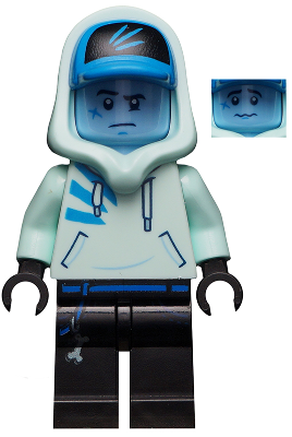 LEGO Minifigure hs031 Jack Davids in light aqua hoodie, blue cap, and bright light blue head with serious and sad expressions.