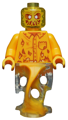 Yellow LEGO Minifigure hs033 Scrimper with translucent fiery head, burnt shirt torso print, and clear, swirling flame base.