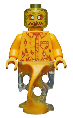 LEGO Minifigure hs034 Waylon with translucent yellow head, orange shirt with flame print, and translucent legs with a flame swirl.
