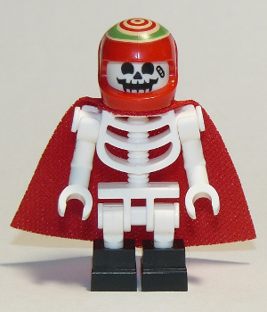 LEGO minifigure skeleton wearing a red cape, red helmet with a green and white swirl, and black feet. The face is a smiling skull.