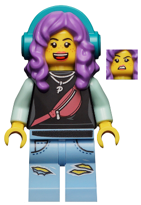 LEGO Minifigure Parker L. Jackson with purple hair, teal headphones, black top, pink fanny pack, and ripped light blue jeans. Shows smiling and disgusted faces.