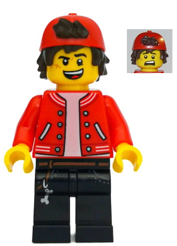 LEGO Minifigure Jack Davids in red jacket, black pants, and red backwards cap with smiling and scared faces.