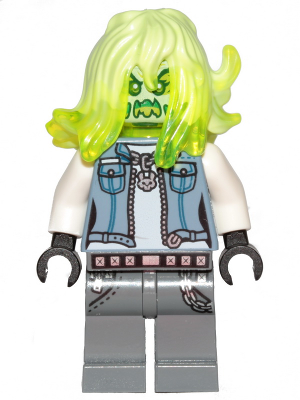 LEGO Minifigure hs056 Joey Possessed with glow-in-the-dark green hair, angry green face, blue vest, and grey pants.