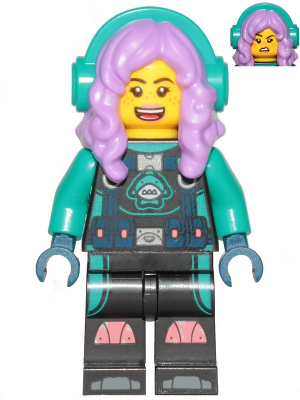LEGO Parker L. Jackson minifigure in a teal diving suit with purple hair, teal headphones, and a smiling face. Alternate disgusted face shown.