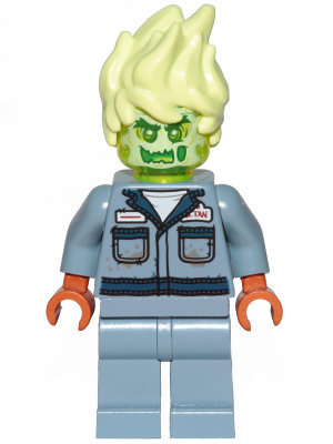 LEGO Minifigure hs068 - Scott Francis - Possessed with translucent green head, flame hair, and dirty grey uniform.