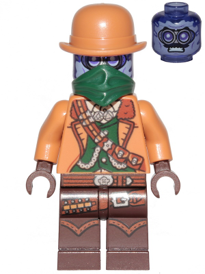 LEGO Minifigure hs075 Vaughn Geist with orange bowler hat, green bandana, orange jacket, and brown legs with boots. An angry ghost head is next to it.