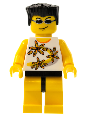 LEGO Minifigure ixs001 Snap Lockitt with black hair, sunglasses, white shirt with floral pattern, and yellow legs.