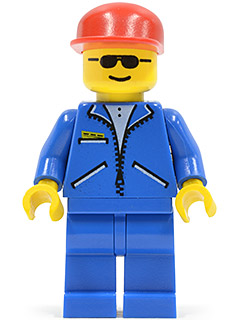 LEGO Minifigure jbl001 with blue jacket, blue legs, a red cap, and black sunglasses on a yellow head.