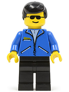 LEGO Minifigure jbl004: Man with black hair and sunglasses, wearing a blue zippered jacket and black pants.