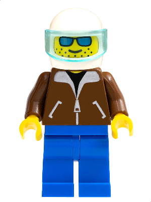 LEGO Minifigure JBR001 Helicopter Pilot with white helmet, trans-light blue visor, brown jacket, blue legs & yellow hands.