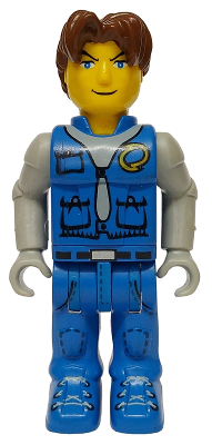 LEGO Minifigure Jack Stone (js002) with brown hair, yellow head, blue vest over gray shirt, and blue pants with shoelace detail.