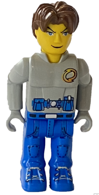 LEGO Minifigure js004 Jack Stone with brown hair, a gray jacket featuring a yellow logo, and blue pants with white shoelaces.