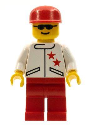 LEGO Minifigure jstr008 with red cap, sunglasses, white jacket with two red stars, and red legs.