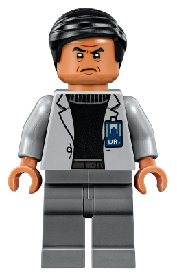 LEGO Dr. Henry Wu minifigure, with black hair, tan skin, angry frown, light gray lab coat, black sweater, ID badge, and gray legs.