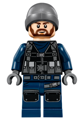 LEGO Minifigure jw018 ACU Guard, male with dark bluish gray beanie, light nougat head, beard, dark blue uniform, tactical vest.