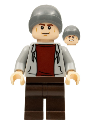LEGO minifigure wearing a light bluish gray beanie, hoodie, dark red shirt, dark brown legs, with two facial expressions.