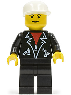 LEGO Minifigure lea002 with a white cap, black leather jacket with zippers, and black legs.