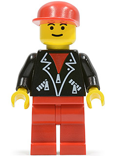 LEGO minifigure lea003 with red cap, yellow head, black leather jacket with zippers, and red legs.