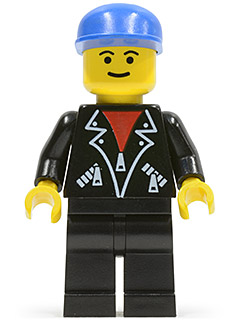 LEGO Minifigure lea004 with blue cap, yellow head, black torso with red v-neck leather jacket print and zippers, black legs.