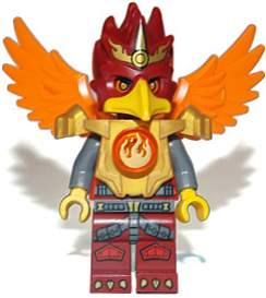 LEGO Minifigure Foltrax with dark red bird head, orange wings, gold phoenix-like armor, and dark red legs.