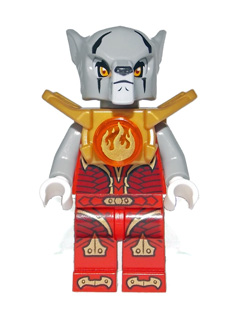 LEGO Minifigure Worriz (loc089) with grey wolf head, gold armor, red torso and legs featuring a fire chi symbol.